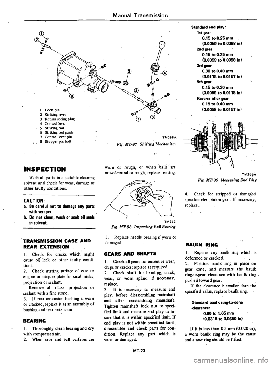 DATSUN 210 1979 Service Manual
1
Lock
pin
2
Striking
lever
3
Return
pring
plug
4
Control
lever
5
Striking
rod
6
Striking
rod
guide
7
Control
lever
pin
8
Stopper
pin
bolt
INSPECTION
Wash
all
parts
in DATSUN 210 1979 Service Manual
1
Lock
pin
2
Striking
lever
3
Return
pring
plug
4
Control
lever
5
Striking
rod
6
Striking
rod
guide
7
Control
lever
pin
8
Stopper
pin
bolt
INSPECTION
Wash
all
parts
in
