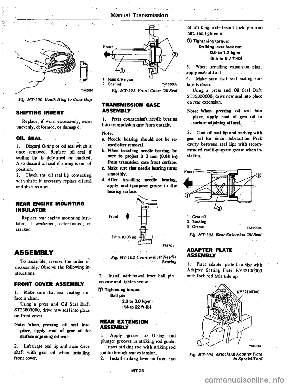 DATSUN 210 1979 Service Manual
it
TMS06
Fig
MT
100
Baulk
Ring
to
Con
Gap
SHiniNG
IIUERT
Replace
if
WOrn
excessively
worn
unevenly
defonned
or
damaged
OIL
SEAL
I
Dis
r
l
O
ring
or
oil
seal
which
is
DATSUN 210 1979 Service Manual
it
TMS06
Fig
MT
100
Baulk
Ring
to
Con
Gap
SHiniNG
IIUERT
Replace
if
WOrn
excessively
worn
unevenly
defonned
or
damaged
OIL
SEAL
I
Dis
r
l
O
ring
or
oil
seal
which
is