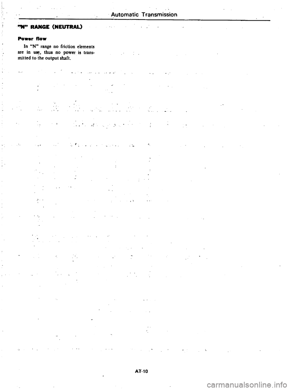 DATSUN 210 1979 Service Manual
N
RANGE
NEUTRAL
Po
r
flow
In
N
range
no
friction
elements
are
in
thus
no
power
is
tranS
milled
to
the
output
shaft
Automatic
Transmission
AT10 DATSUN 210 1979 Service Manual
N
RANGE
NEUTRAL
Po
r
flow
In
N
range
no
friction
elements
are
in
thus
no
power
is
tranS
milled
to
the
output
shaft
Automatic
Transmission
AT10