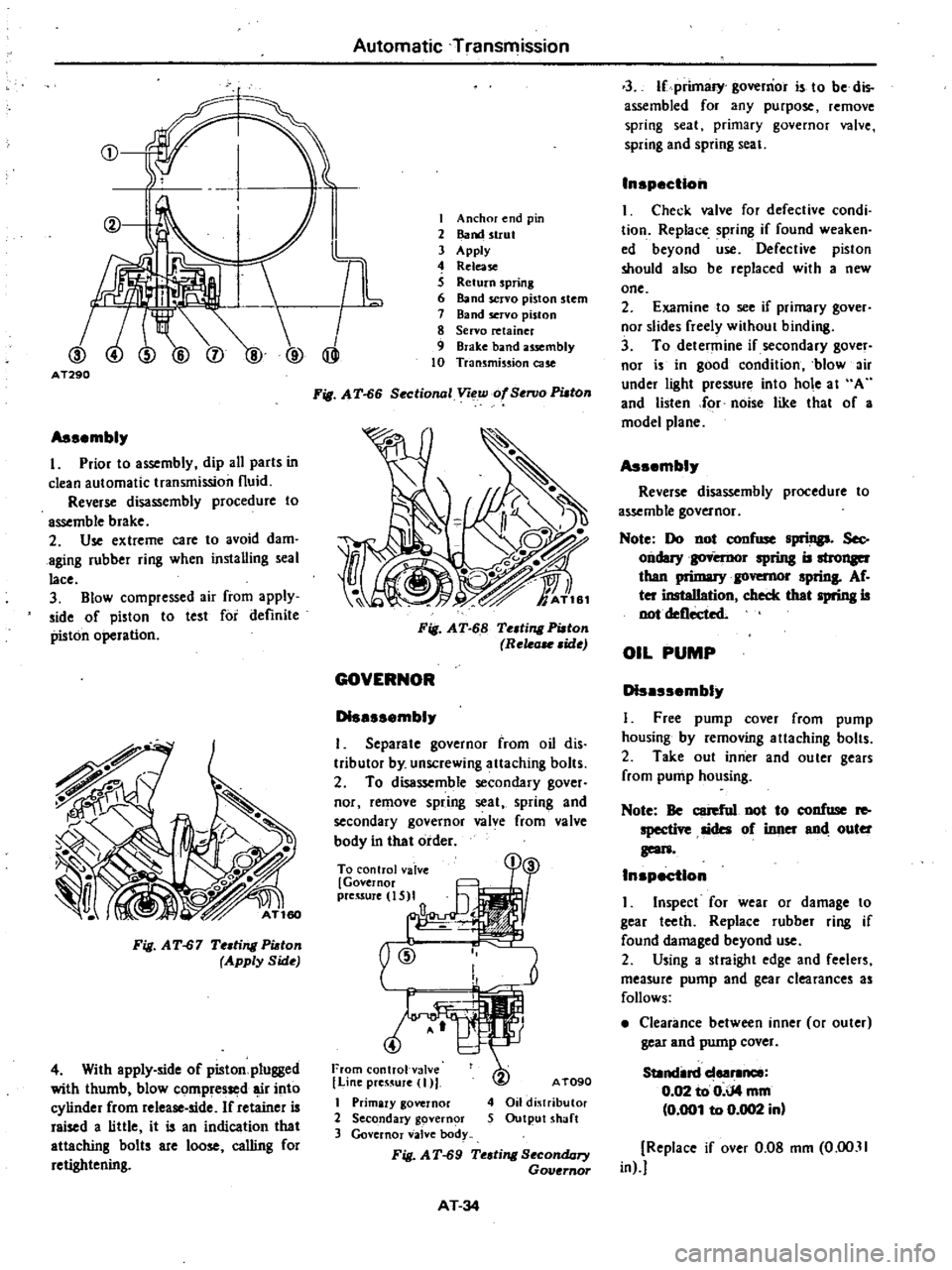 DATSUN 210 1979 Owners Manual
CD
@
I
I
TL
@
@
AT290
Assembl
I
Prior
to
assembly
dip
all
parts
in
clean
automatic
transmission
fluid
Reverse
disassembly
procedure
to
assemble
brake
2
Use
extreme
care DATSUN 210 1979 Owners Manual
CD
@
I
I
TL
@
@
AT290
Assembl
I
Prior
to
assembly
dip
all
parts
in
clean
automatic
transmission
fluid
Reverse
disassembly
procedure
to
assemble
brake
2
Use
extreme
care