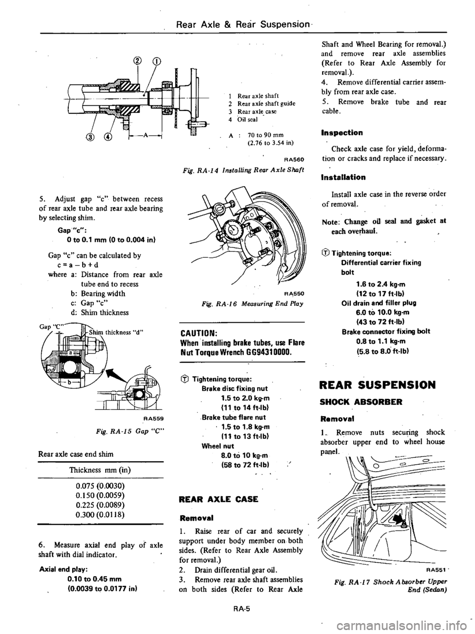 DATSUN 210 1979  Service Manual 
V

CD

l

t

177t

ID 
@ 
A

5

Adjust 
gap 
c

between 
recess

of 
rear 
axle 
tube 
and

rear 
axle

bearing

by 
selecting 
shinto

Gap 
e

o 
to 
0 
1 
mm 
0 
to 
0 
004 
in

Gap 
c 
can 
be

ca