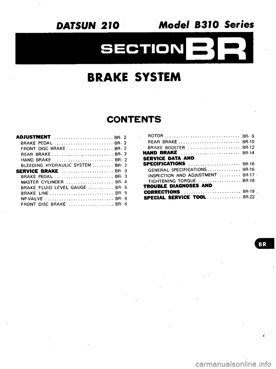DATSUN 210 1979 Service Manual
DATSUN
2
0
Model
83
0
Series
SECTIONBR
BRAKE
SYSTEM
CONTENTS
ADJUSTMENT
BRAKE
PEDAL
FRONT
DISC
BRAKE
REAR
BRAKE
HAND
BRAKE
BLEEDING
HYDRAULIC
SYSTEM
SERVICE
BRAKE
BRAKE
PED DATSUN 210 1979 Service Manual
DATSUN
2
0
Model
83
0
Series
SECTIONBR
BRAKE
SYSTEM
CONTENTS
ADJUSTMENT
BRAKE
PEDAL
FRONT
DISC
BRAKE
REAR
BRAKE
HAND
BRAKE
BLEEDING
HYDRAULIC
SYSTEM
SERVICE
BRAKE
BRAKE
PED