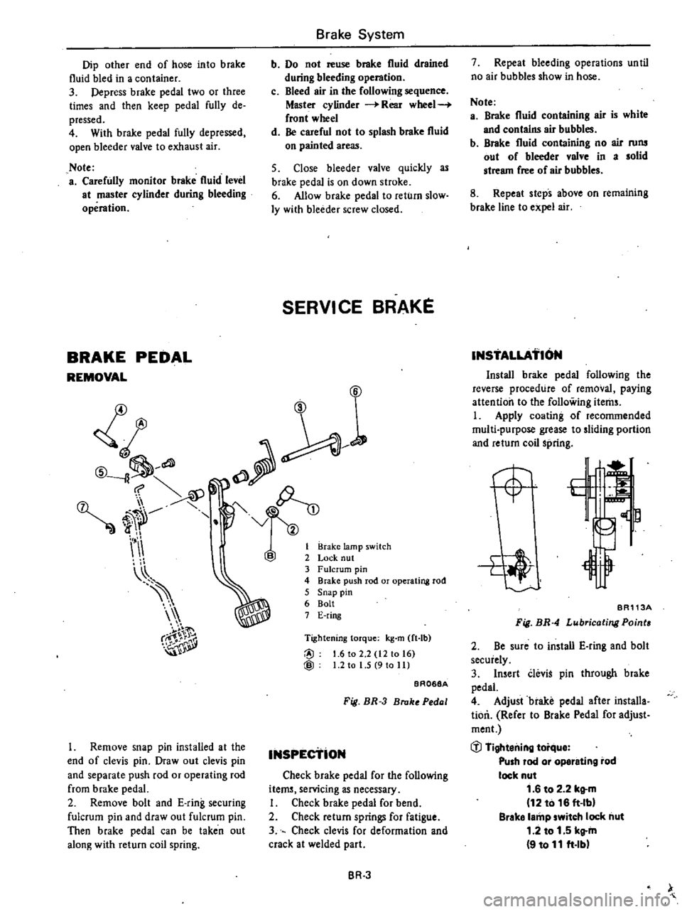 DATSUN 210 1979  Service Manual 
L

@
fl 
JJ

l

f
m

ff 
v 
1

II 
2

I

I 
II

B

s1

r
Dip 
other 
end

of 
hose 
into 
brake

fluid 
bled 
in

a 
container

3

Pepress 
brake

pedal 
two 
or 
three

times 
and 
then

keep 
pedal