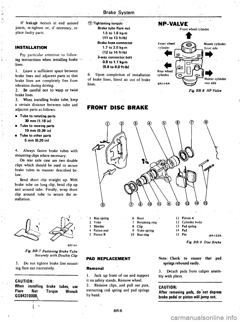 DATSUN 210 1979 Service Manual
If
leakage
oCcurs
at
end
around
joints
re
tighten
Of
if
necessary
re
place
faulty
parts
INSTALLATION
Pay
particular
attention
to
follow
ing
instructions
when
installing
brak DATSUN 210 1979 Service Manual
If
leakage
oCcurs
at
end
around
joints
re
tighten
Of
if
necessary
re
place
faulty
parts
INSTALLATION
Pay
particular
attention
to
follow
ing
instructions
when
installing
brak