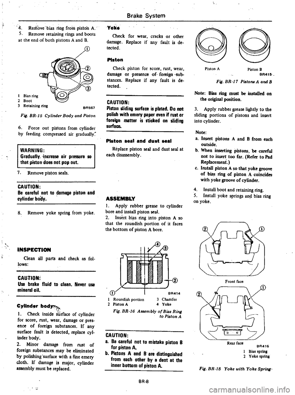 DATSUN 210 1979 Service Manual
Remove
bias
ring
from
piston
A
S
Remove
retaining
rings
and
boots
at
the
end
of
both
pistons
A
and
B
I
Biuring
2
Boot
3
Retaining
ring
BA567
Fig
BR
15
Cylinder
Body
DATSUN 210 1979 Service Manual
Remove
bias
ring
from
piston
A
S
Remove
retaining
rings
and
boots
at
the
end
of
both
pistons
A
and
B
I
Biuring
2
Boot
3
Retaining
ring
BA567
Fig
BR
15
Cylinder
Body
