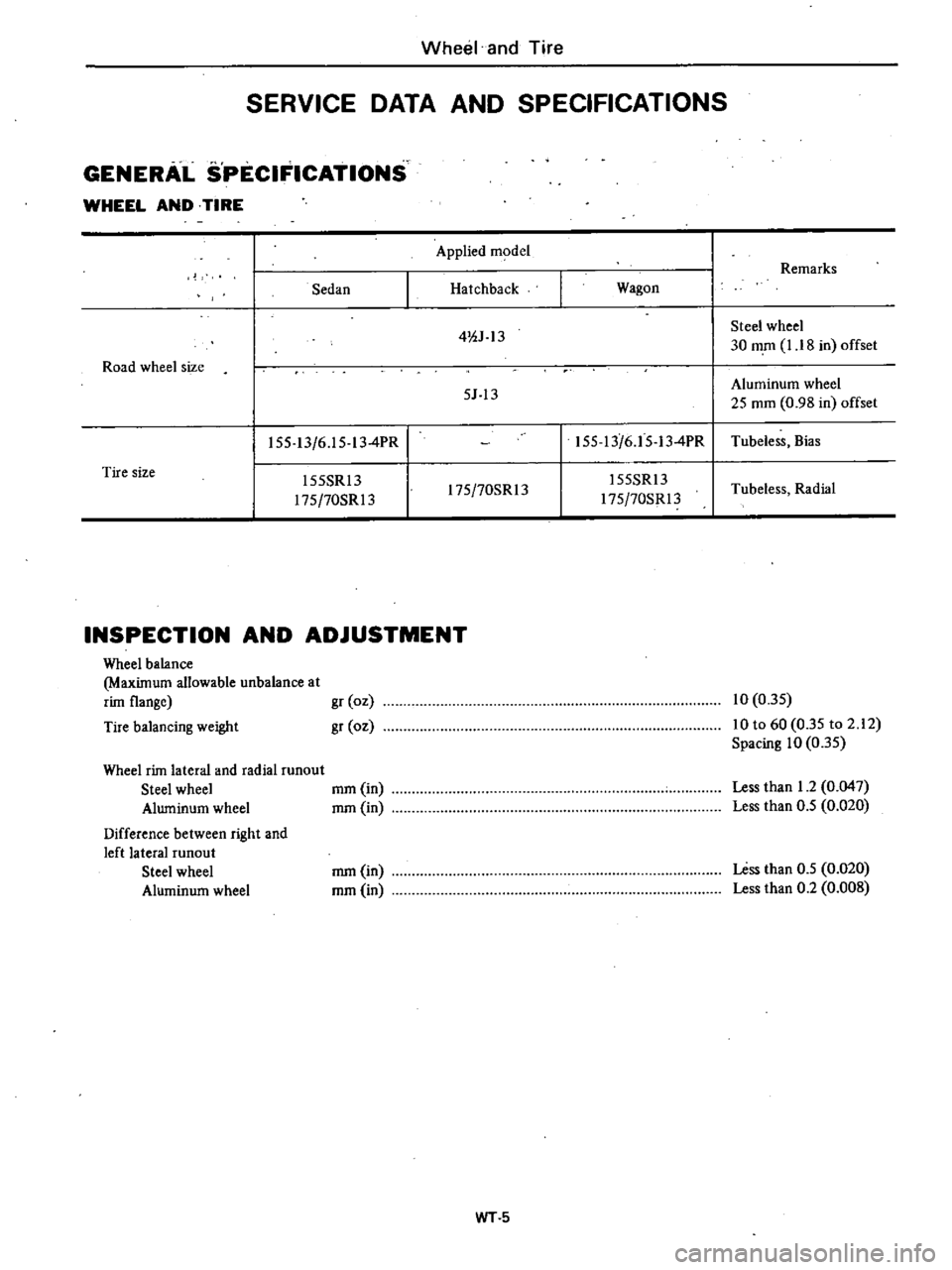 DATSUN 210 1979 Service Manual
Wheel
and
Tire
SERVICE
DATA
AND
SPECIFICATIONS
GENERAL
SPECIFICATIONS
WHEEL
AND
TIRE
Road
wheel
size
Applied
m
del
Remarks
Sedan
Hatchback
Wagon
4
OJ
13
Steel
wheel
30
mm
DATSUN 210 1979 Service Manual
Wheel
and
Tire
SERVICE
DATA
AND
SPECIFICATIONS
GENERAL
SPECIFICATIONS
WHEEL
AND
TIRE
Road
wheel
size
Applied
m
del
Remarks
Sedan
Hatchback
Wagon
4
OJ
13
Steel
wheel
30
mm