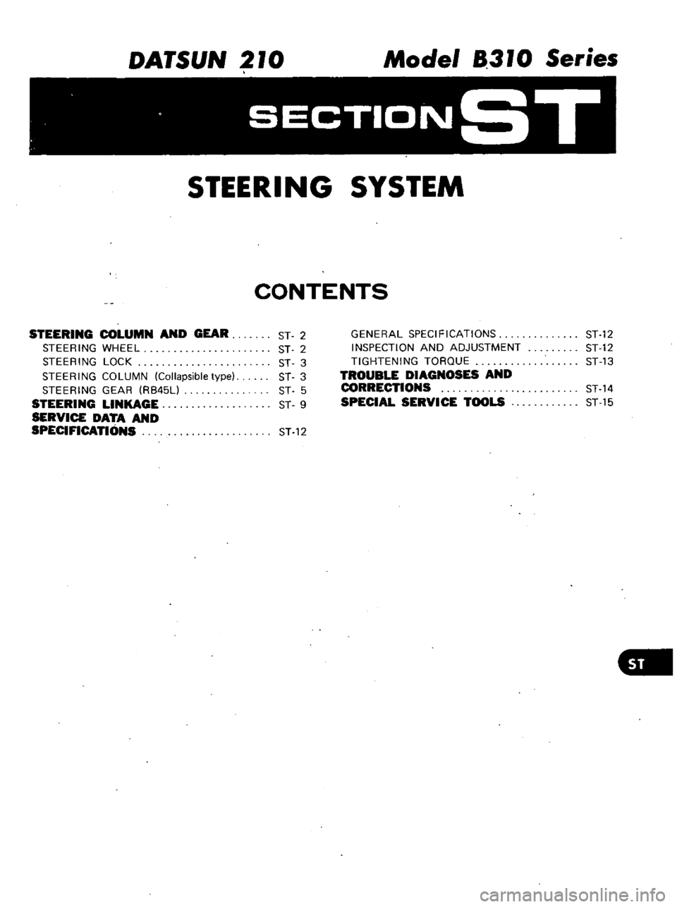 DATSUN 210 1979 Service Manual
DATSUN
210
Model
8310
Series
SECTIONST
STEERING
SYSTEM
CONTENTS
STEERING
COLUMN
AND
GEAR
STEERING
WHEEL
STEERING
LOCK
STEERING
COLUMN
Collapsible
type
STEERING
GEAR
RB45L
STEE DATSUN 210 1979 Service Manual
DATSUN
210
Model
8310
Series
SECTIONST
STEERING
SYSTEM
CONTENTS
STEERING
COLUMN
AND
GEAR
STEERING
WHEEL
STEERING
LOCK
STEERING
COLUMN
Collapsible
type
STEERING
GEAR
RB45L
STEE