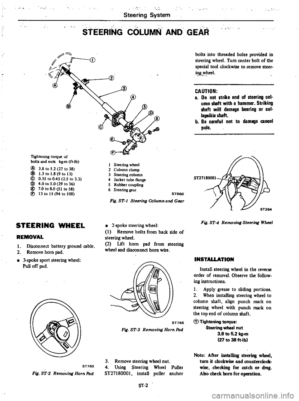 DATSUN 210 1979 User Guide
Steering
System
STEERING
COLUMN
AND
GEAR
Tightening
torque
of
bolts
and
nuts
kg
rn
ft4b
@
3
8
to
5
2
27
to
38
@
1
3
to
1
8
9
to
13
@
0
35
to
0
45
25
to
3
3
@ DATSUN 210 1979 User Guide
Steering
System
STEERING
COLUMN
AND
GEAR
Tightening
torque
of
bolts
and
nuts
kg
rn
ft4b
@
3
8
to
5
2
27
to
38
@
1
3
to
1
8
9
to
13
@
0
35
to
0
45
25
to
3
3
@
