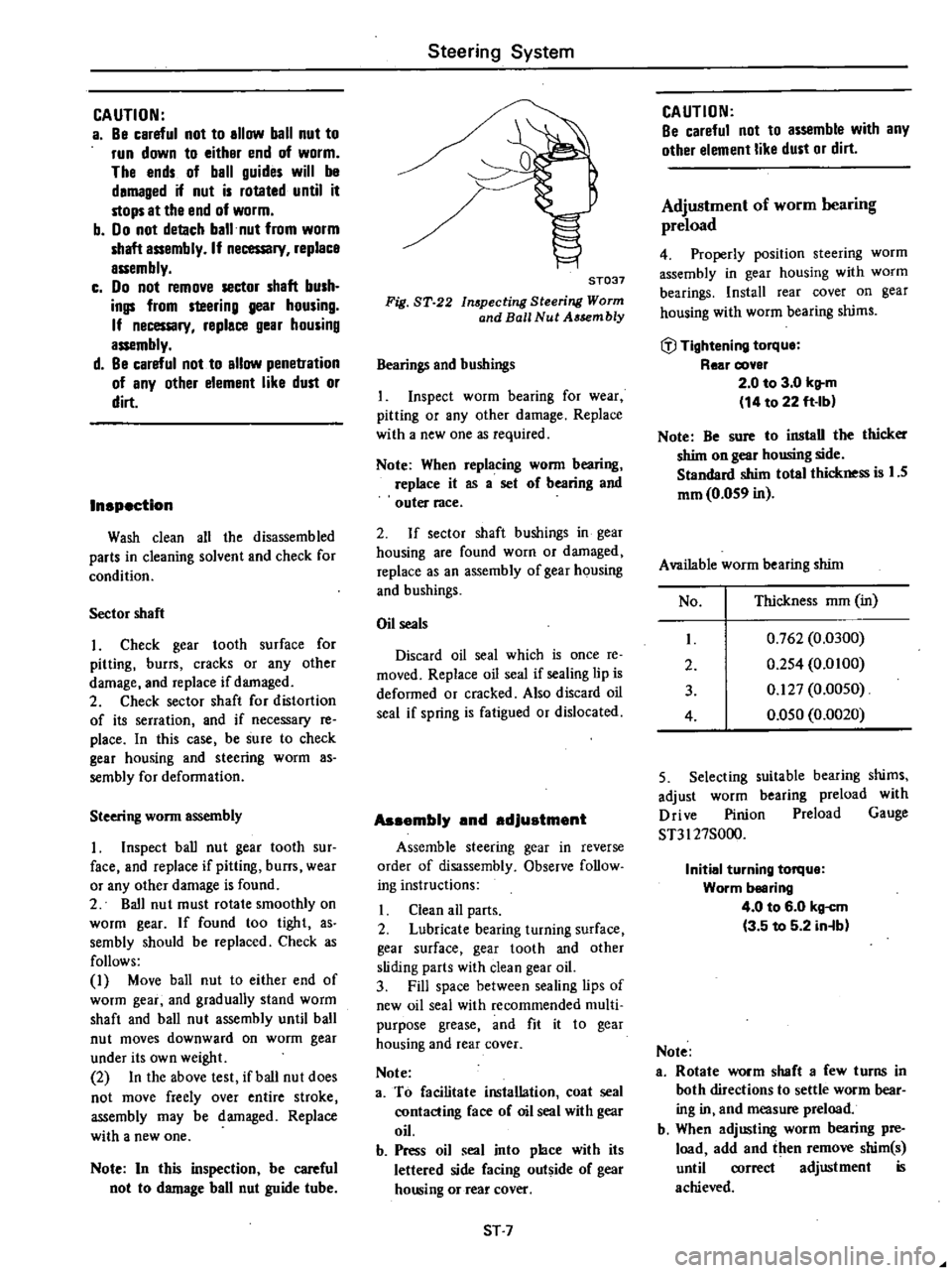 DATSUN 210 1979 Service Manual
CAUTION
a
Be
careful
not
to
allow
ball
nut
to
run
down
to
either
end
of
worm
The
ends
of
ball
guides
will
be
damaged
if
nut
is
rotated
until
it
stops
at
the
end
of
DATSUN 210 1979 Service Manual
CAUTION
a
Be
careful
not
to
allow
ball
nut
to
run
down
to
either
end
of
worm
The
ends
of
ball
guides
will
be
damaged
if
nut
is
rotated
until
it
stops
at
the
end
of