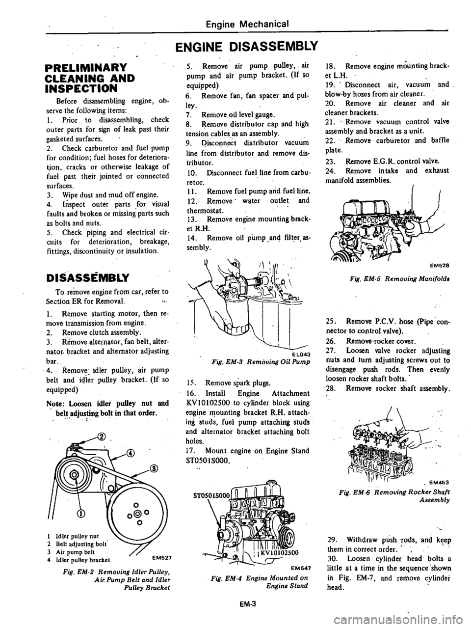 DATSUN 210 1979 Owners Guide 
PRELIMINARY

CLEANING 
AND

INSPECTION

Before

disassembling 
engine 
ob

serve 
the 
following 
items

I

Prior 
to

disassembling 
check

outer

parts 
for

sign 
of 
leak

past 
their

gasketed 
