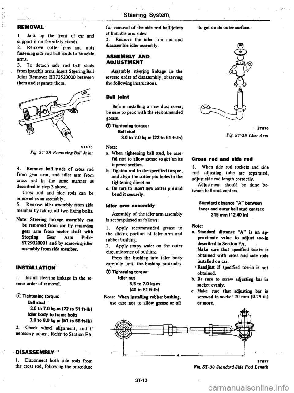 DATSUN 210 1979 Service Manual
REMOVAL
I
Jack
up
the
front
of
car
and
support
it
on
the
safety
stands
2
Remove
cotter
pins
and
nuts
fastening
side
rod
ball
studs
to
knuckle
arms
3
To
detach
side
ro DATSUN 210 1979 Service Manual
REMOVAL
I
Jack
up
the
front
of
car
and
support
it
on
the
safety
stands
2
Remove
cotter
pins
and
nuts
fastening
side
rod
ball
studs
to
knuckle
arms
3
To
detach
side
ro