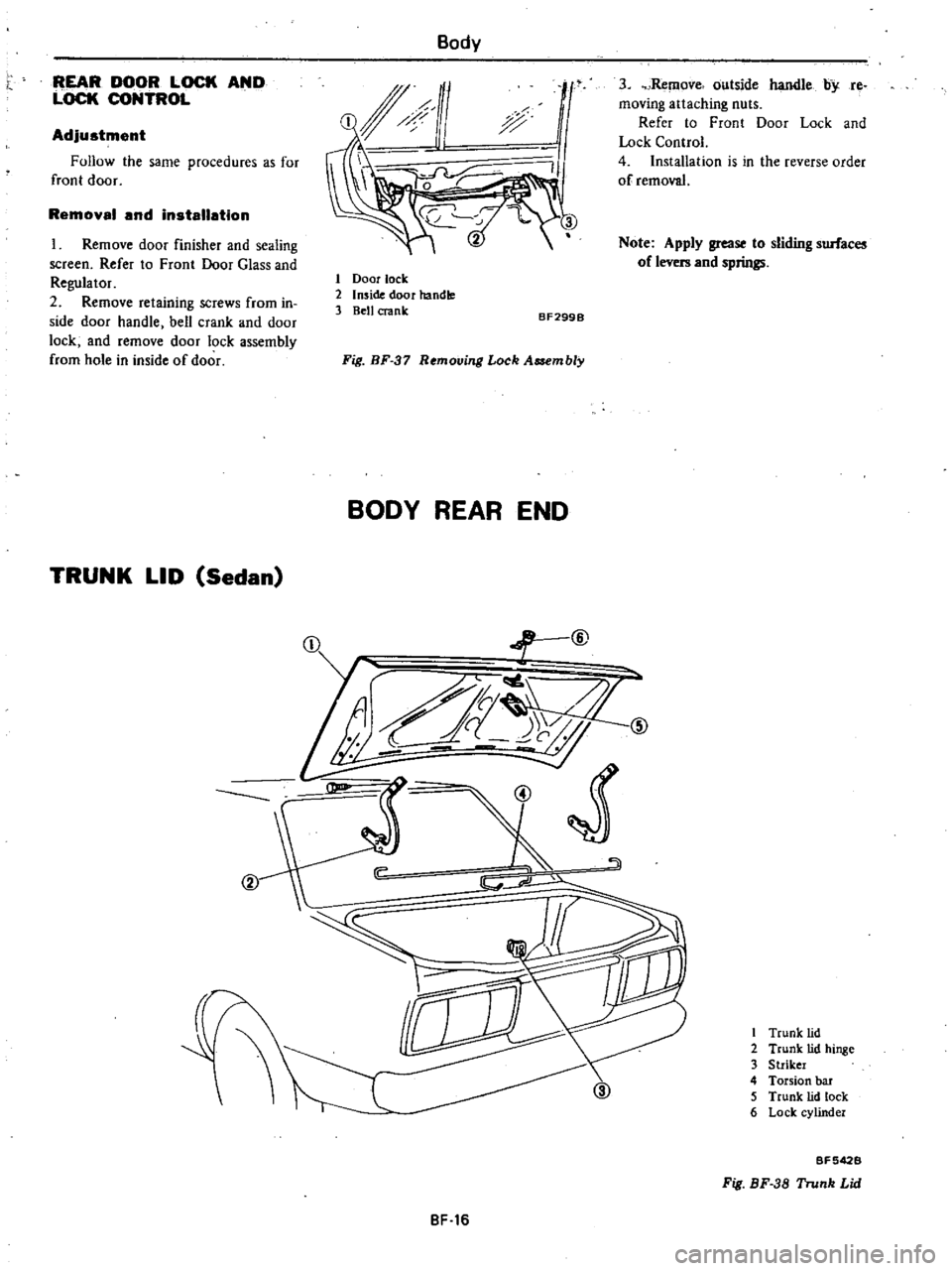 DATSUN 210 1979  Service Manual 
REAR 
DOOR 
LOCK

AND

LOCK 
CONTROL

Adjustment

Follow

the 
same

procedures 
as 
for

front

door

Removal 
and

installation

Remove

door 
finisher 
and

sealing

screen

Refer 
to 
Front

Door