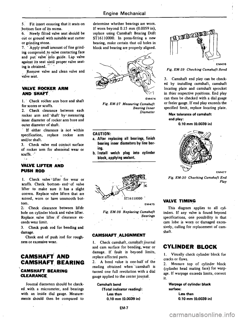 DATSUN 210 1979 Workshop Manual 
5

Fit 
insert

ensuring 
that 
it

seats 
on

bottom 
face 
of 
its

recess

6

Newly 
fitted 
valve 
seat 
should 
be

cut 
or

ground 
with 
suitable 
seat 
cutter

or

grinding 
stone

7

Apply 
