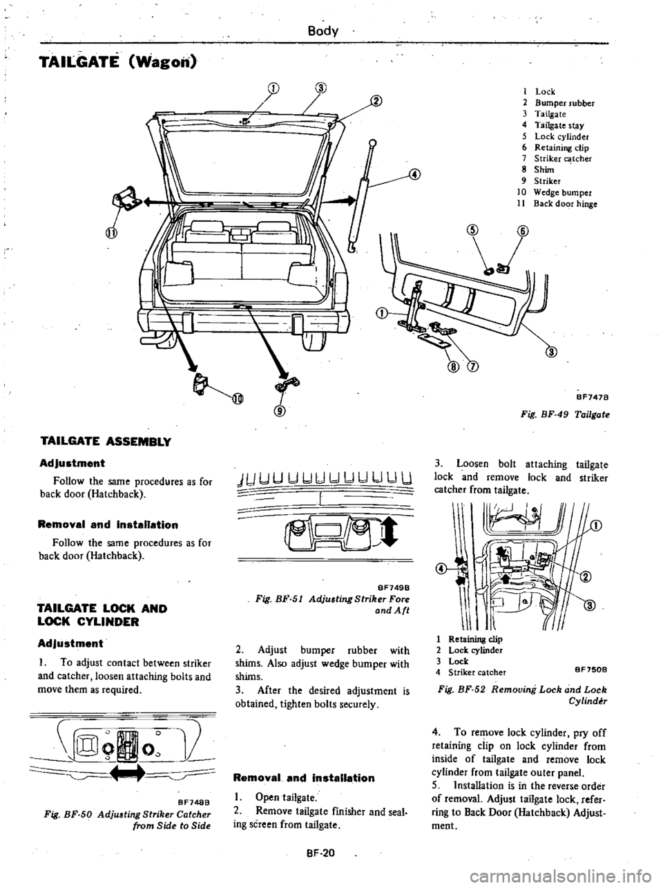 DATSUN 210 1979  Service Manual 
TAILGATE

Wagon 
Body

J

L

il 
@

2

TAILGATE

ASSEMBLY

Adjustment

Follow 
the 
same

procedures 
as 
for

back 
door 
Hatchback

Removal

and 
Installation

Follow 
the 
same

procedures 
as 
fo