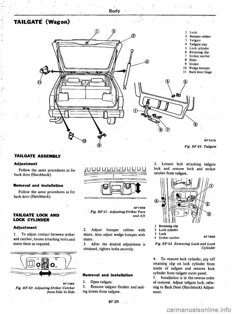 DATSUN 210 1979 Service Manual
TAILGATE
Wagon
Body
J
L
il
@
2
TAILGATE
ASSEMBLY
Adjustment
Follow
the
same
procedures
as
for
back
door
Hatchback
Removal
and
Installation
Follow
the
same
procedures
as
fo DATSUN 210 1979 Service Manual
TAILGATE
Wagon
Body
J
L
il
@
2
TAILGATE
ASSEMBLY
Adjustment
Follow
the
same
procedures
as
for
back
door
Hatchback
Removal
and
Installation
Follow
the
same
procedures
as
fo