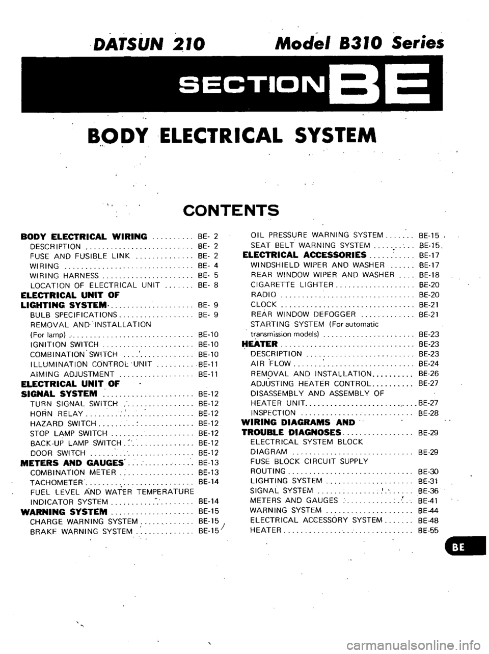 DATSUN 210 1979  Service Manual 
DATSUN 
210 
Model 
8310 
Series

SECTIONBE

BODY 
ELECTRICAL 
SYSTEM

CONTENTS

BODY 
ELECTRICAL 
WIRING

DESCRIPTION

FUSE 
AND 
FUSIBLE 
LINK

WIRING

WIRING 
HARNESS

LOCATION 
OF 
ELECTRICAL 
UN