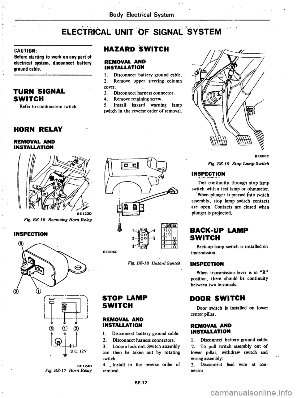 DATSUN 210 1979  Service Manual 
Body 
Electrical

System

ELECTRICAL 
UNIT 
OF 
SIGNAL 
SYSTEM

CAUTION

Before

startill1l 
to 
work 
on

any

part 
of

electrical

system 
disconnect

battery

ground 
cable

TURN 
SIGNAL

SWITCH
