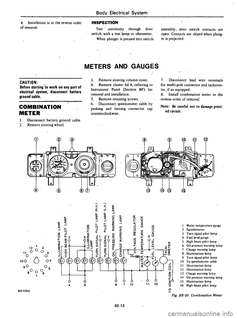 DATSUN 210 1979  Service Manual 
Body 
Electrical

System

INSPECTION
4 
Installation 
is 
in 
the

reverse 
order

of 
removal

Test

continuity 
through 
door

switch 
with 
a 
test

lamp 
or

ohmmeter

When

plunger 
is

pressed 