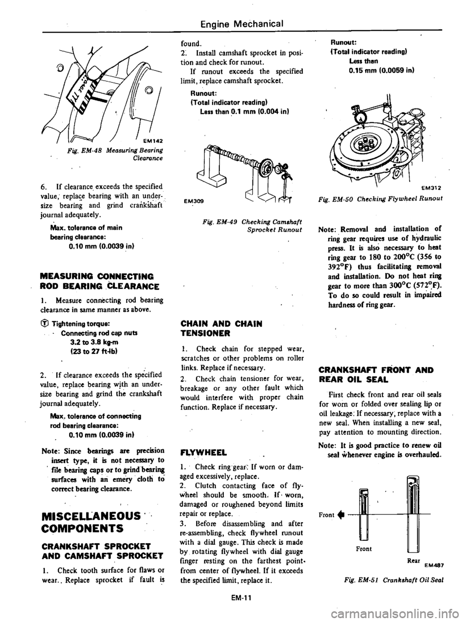 DATSUN 210 1979  Service Manual 
EM142

Fig 
EM 
48

Measuring 
Bearing

Clearance

6 
If 
clearance 
exceeds 
the

specified

value

replase 
bearing 
with 
an 
under

size

bearing 
and

grind 
crankshaft

journal 
adequately

Max