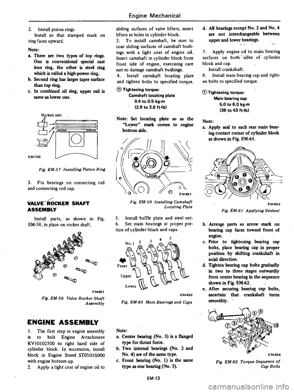 DATSUN 210 1979 Workshop Manual 
2

Install

piston 
rings

Install 
so 
that

stamped 
mark 
on

ring 
faces

upward

Note

a 
There 
are 
two

types 
of

top 
rings

One 
is 
conventional

special 
cast

iron

ring 
the 
other 
is