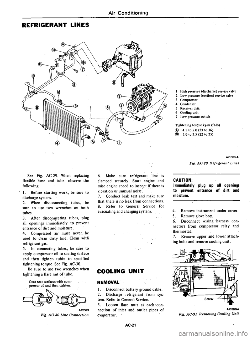 DATSUN 210 1979 Service Manual
REFRIGERANT
LINES
Air
Conditioning
@
I
J
L
S
r
Z
S
t
@
See
Fig
AC
29
When
replacing
flexible
hose
and
tube
observe
the
following
1
Before
starting
work
be
sure
to
di DATSUN 210 1979 Service Manual
REFRIGERANT
LINES
Air
Conditioning
@
I
J
L
S
r
Z
S
t
@
See
Fig
AC
29
When
replacing
flexible
hose
and
tube
observe
the
following
1
Before
starting
work
be
sure
to
di
