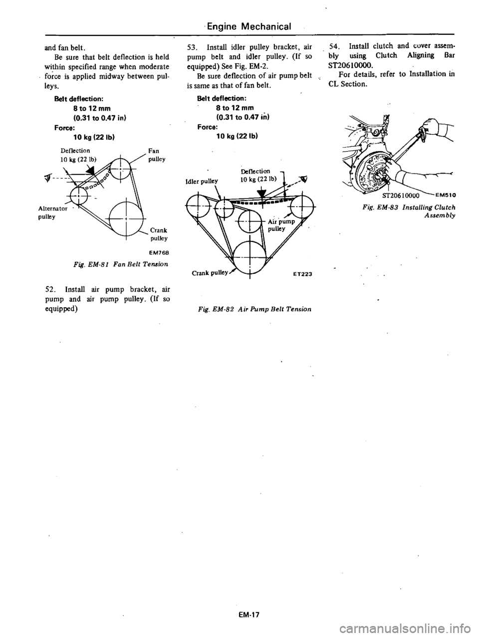 DATSUN 210 1979 Workshop Manual
and
fan
belt
Be
sure
that
belt
deflection
is
held
within
specified
range
when
moderate
force
is
applied
midway
between
pul
leys
Belt
deflection
8t012mm
0
31
to
0
47
in
DATSUN 210 1979 Workshop Manual
and
fan
belt
Be
sure
that
belt
deflection
is
held
within
specified
range
when
moderate
force
is
applied
midway
between
pul
leys
Belt
deflection
8t012mm
0
31
to
0
47
in