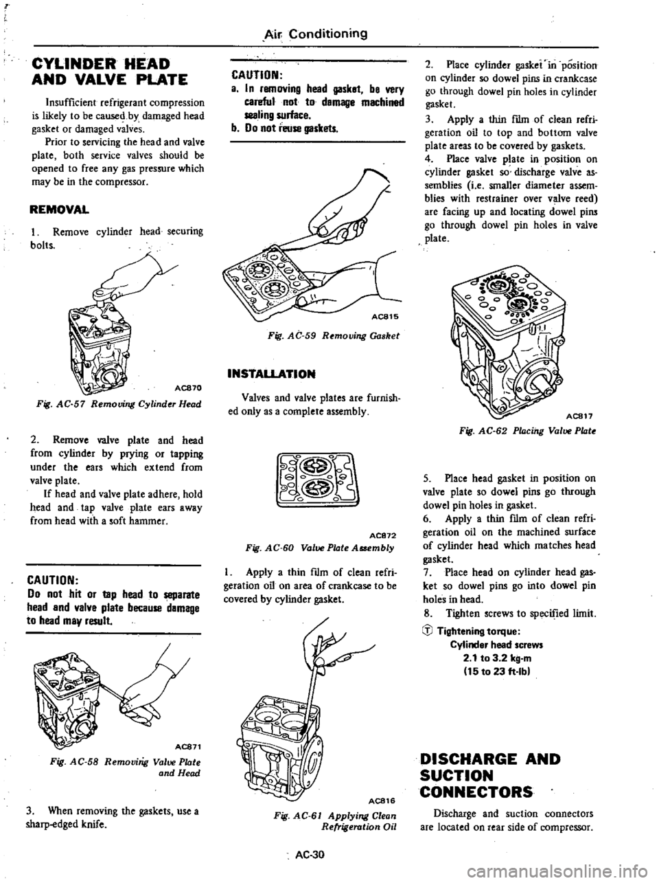 DATSUN 210 1979 Service Manual
r
CYLINDER
HEAD
AND
VALVE
PLATE
Insufficient
refrigerant
v
p
sion
is
likely
to
be
caused
by
damaged
head
gasket
or
damaged
valves
Prior
to
servicing
the
head
and
valve
p DATSUN 210 1979 Service Manual
r
CYLINDER
HEAD
AND
VALVE
PLATE
Insufficient
refrigerant
v
p
sion
is
likely
to
be
caused
by
damaged
head
gasket
or
damaged
valves
Prior
to
servicing
the
head
and
valve
p