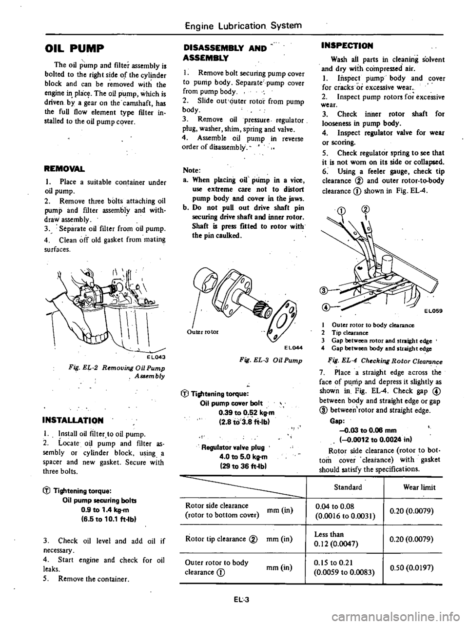 DATSUN 210 1979 Service Manual
OIL
PUMP
The
oil
pump
and
filter
assembly
is
bolted
to
the
right
side
of
the
cylinder
block
and
can
be
removed
with
the
engine
in
pl
c
The
oil
pump
which
is
driven
b DATSUN 210 1979 Service Manual
OIL
PUMP
The
oil
pump
and
filter
assembly
is
bolted
to
the
right
side
of
the
cylinder
block
and
can
be
removed
with
the
engine
in
pl
c
The
oil
pump
which
is
driven
b