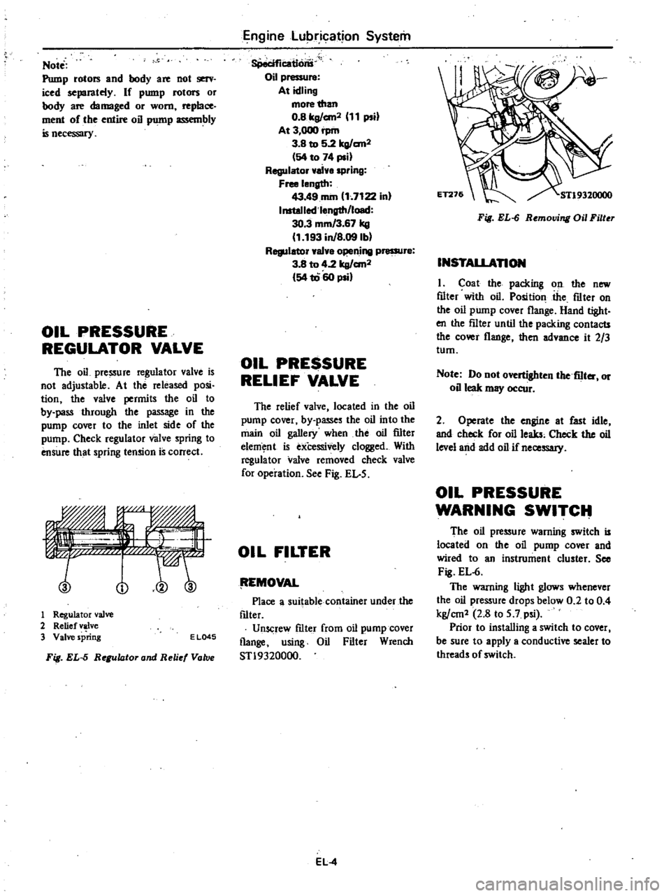 DATSUN 210 1979 Service Manual
Not
Pump
rotors
and
body
are
not
serv
iced
separatdy
If
pump
rotors
or
body
are
damaged
or
worn
replace
ment
of
the
entire
oil
pump
assembly
isnecessary
OIL
PRESSURE
REG DATSUN 210 1979 Service Manual
Not
Pump
rotors
and
body
are
not
serv
iced
separatdy
If
pump
rotors
or
body
are
damaged
or
worn
replace
ment
of
the
entire
oil
pump
assembly
isnecessary
OIL
PRESSURE
REG