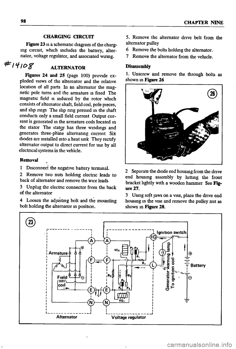 DATSUN 510 1968  Service Repair Manual 
98

CHAPTER 
NINE

CHARGING 
CIRCUIT

Figure 
23 
IS 
a 
schematIc

dIagram 
of 
the

charg

Ing 
CIrcuIt 
whIch

mcludes 
the

battery 
alter

nator

voltage

regulator 
and 
assocIated

wumg

f

08