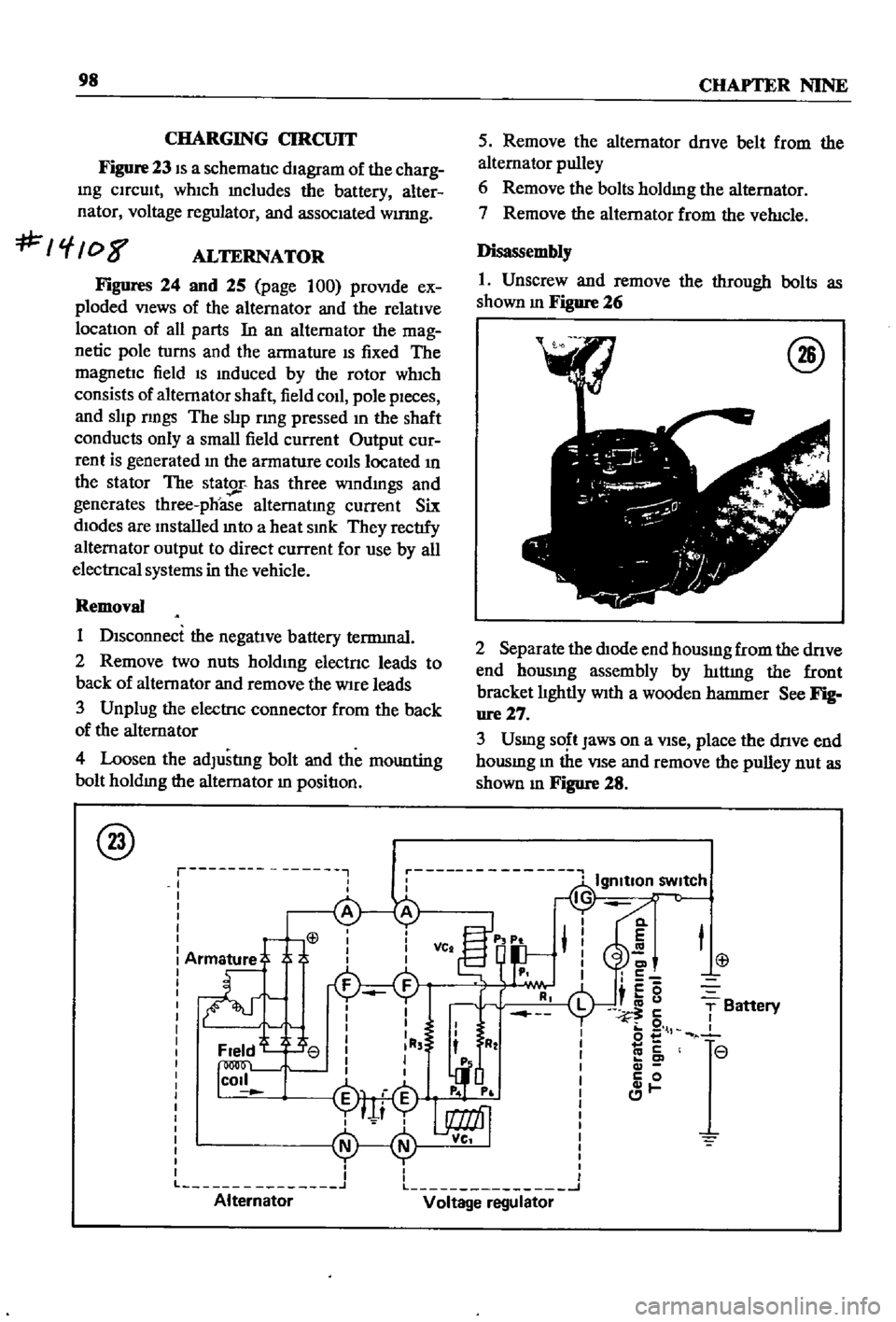 DATSUN 510 1968 Service Repair Manual
98
CHAPTER
NINE
CHARGING
CIRCUIT
Figure
23
IS
a
schematIc
dIagram
of
the
charg
Ing
CIrcuIt
whIch
mcludes
the
battery
alter
nator
voltage
regulator
and
assocIated
wumg
f
08 DATSUN 510 1968 Service Repair Manual
98
CHAPTER
NINE
CHARGING
CIRCUIT
Figure
23
IS
a
schematIc
dIagram
of
the
charg
Ing
CIrcuIt
whIch
mcludes
the
battery
alter
nator
voltage
regulator
and
assocIated
wumg
f
08