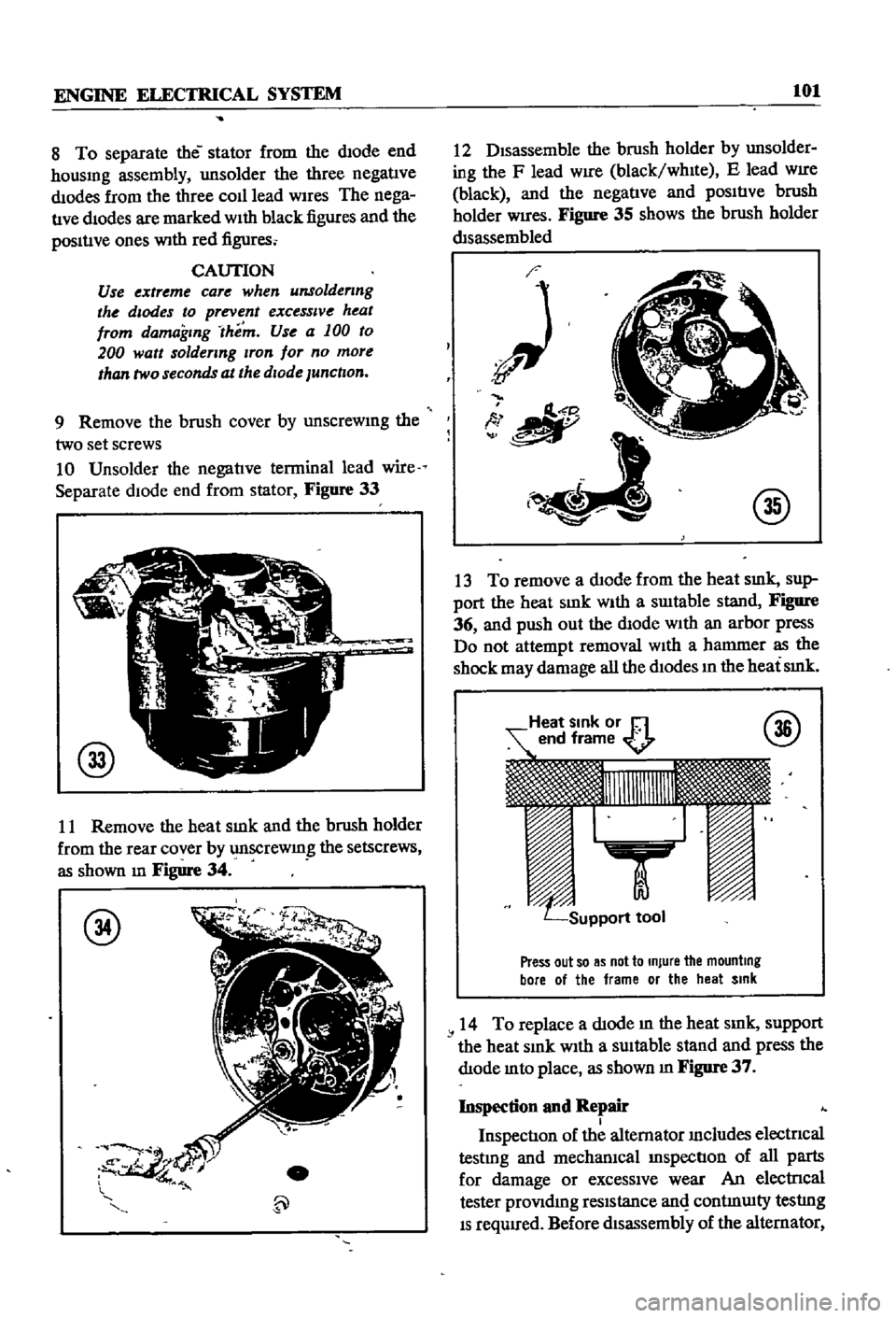 DATSUN 510 1968 Service Repair Manual
ENGINE
ELECTRICAL
SYSTEM
101
8
To
separate
the
stator
from
the
dIode
end
housmg
assembly
unsolder
the
three
negatIve
dIodes
from
the
three
co1l1ead
WIres
The
nega
tIve
dIo DATSUN 510 1968 Service Repair Manual
ENGINE
ELECTRICAL
SYSTEM
101
8
To
separate
the
stator
from
the
dIode
end
housmg
assembly
unsolder
the
three
negatIve
dIodes
from
the
three
co1l1ead
WIres
The
nega
tIve
dIo