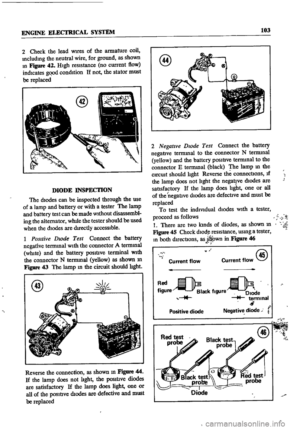DATSUN 510 1968 Service Repair Manual
ENGINE
ELECTRICAL
SYSTEM
103
2
Check
the
lead
Wires
of
the
armature
coil
Includmg
the
neutral
wire
for
ground
as
shown
In
Figure
42
HIgh
reSIStance
no
current
flow
indica DATSUN 510 1968 Service Repair Manual
ENGINE
ELECTRICAL
SYSTEM
103
2
Check
the
lead
Wires
of
the
armature
coil
Includmg
the
neutral
wire
for
ground
as
shown
In
Figure
42
HIgh
reSIStance
no
current
flow
indica
