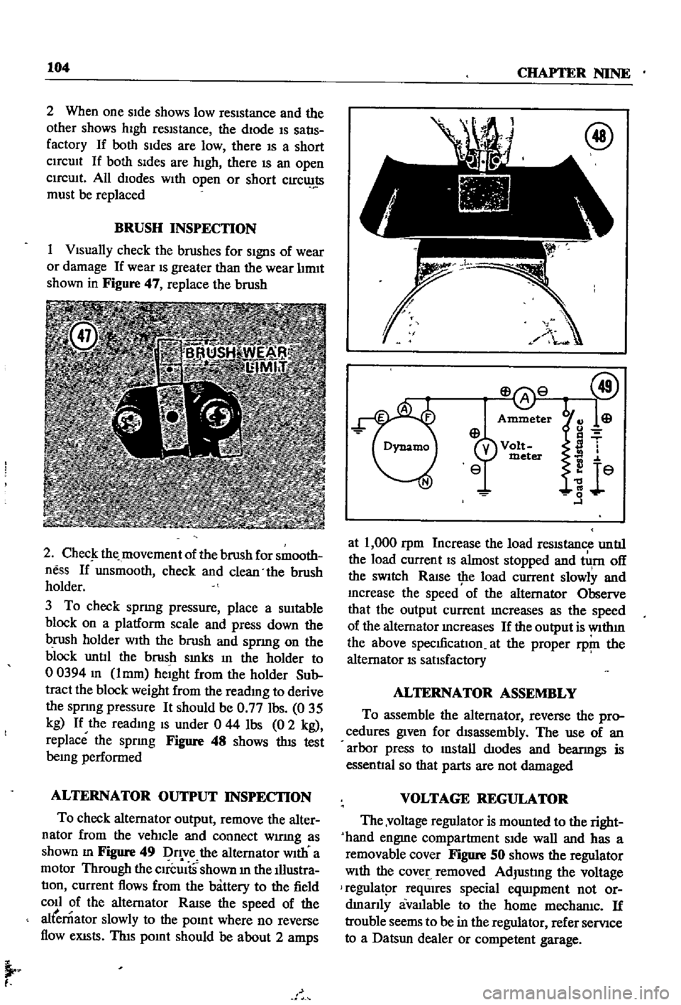 DATSUN 510 1968 Service Repair Manual
104
CHAPTER
NINE
2
When
one
sIde
shows
low
resIstance
and
the
other
shows
high
resIstance
the
dIode
IS
satls
factory
If
both
sIdes
are
low
there
IS
a
short
CIrCUIt
If
DATSUN 510 1968 Service Repair Manual
104
CHAPTER
NINE
2
When
one
sIde
shows
low
resIstance
and
the
other
shows
high
resIstance
the
dIode
IS
satls
factory
If
both
sIdes
are
low
there
IS
a
short
CIrCUIt
If