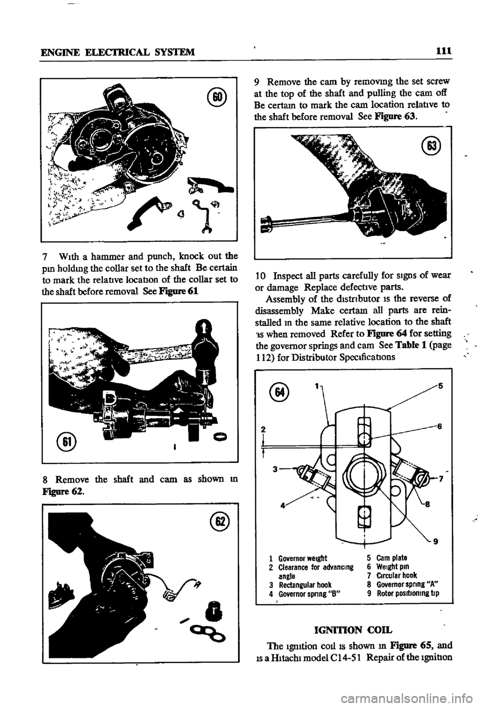 DATSUN 510 1968 Service Repair Manual
ENGINE
ELECTRICAL
SYSTEM
111
@
7
WIth
a
hammer
and
punch
knock
out
the
pm
holdmg
the
collar
set
to
the
shaft
Be
certain
to
mark
the
relatIve
locatIon
of
the
collar
set DATSUN 510 1968 Service Repair Manual
ENGINE
ELECTRICAL
SYSTEM
111
@
7
WIth
a
hammer
and
punch
knock
out
the
pm
holdmg
the
collar
set
to
the
shaft
Be
certain
to
mark
the
relatIve
locatIon
of
the
collar
set