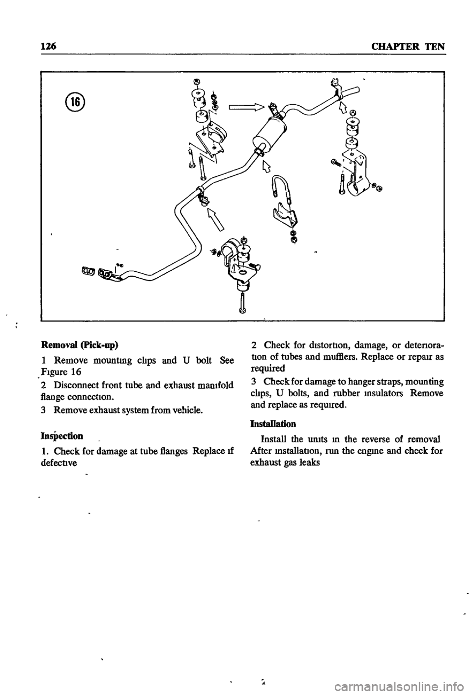 DATSUN 510 1968 Service Repair Manual
126
CHAPTER
TEN
@
r
Removal
Pick
up
1
Remove
mountlng
clIps
and
U
bolt
See
FIgure
16
2
Disconnect
front
tube
and
exhaust
manuold
flange
connectIon
3
Remove
exhaust
syste DATSUN 510 1968 Service Repair Manual
126
CHAPTER
TEN
@
r
Removal
Pick
up
1
Remove
mountlng
clIps
and
U
bolt
See
FIgure
16
2
Disconnect
front
tube
and
exhaust
manuold
flange
connectIon
3
Remove
exhaust
syste
