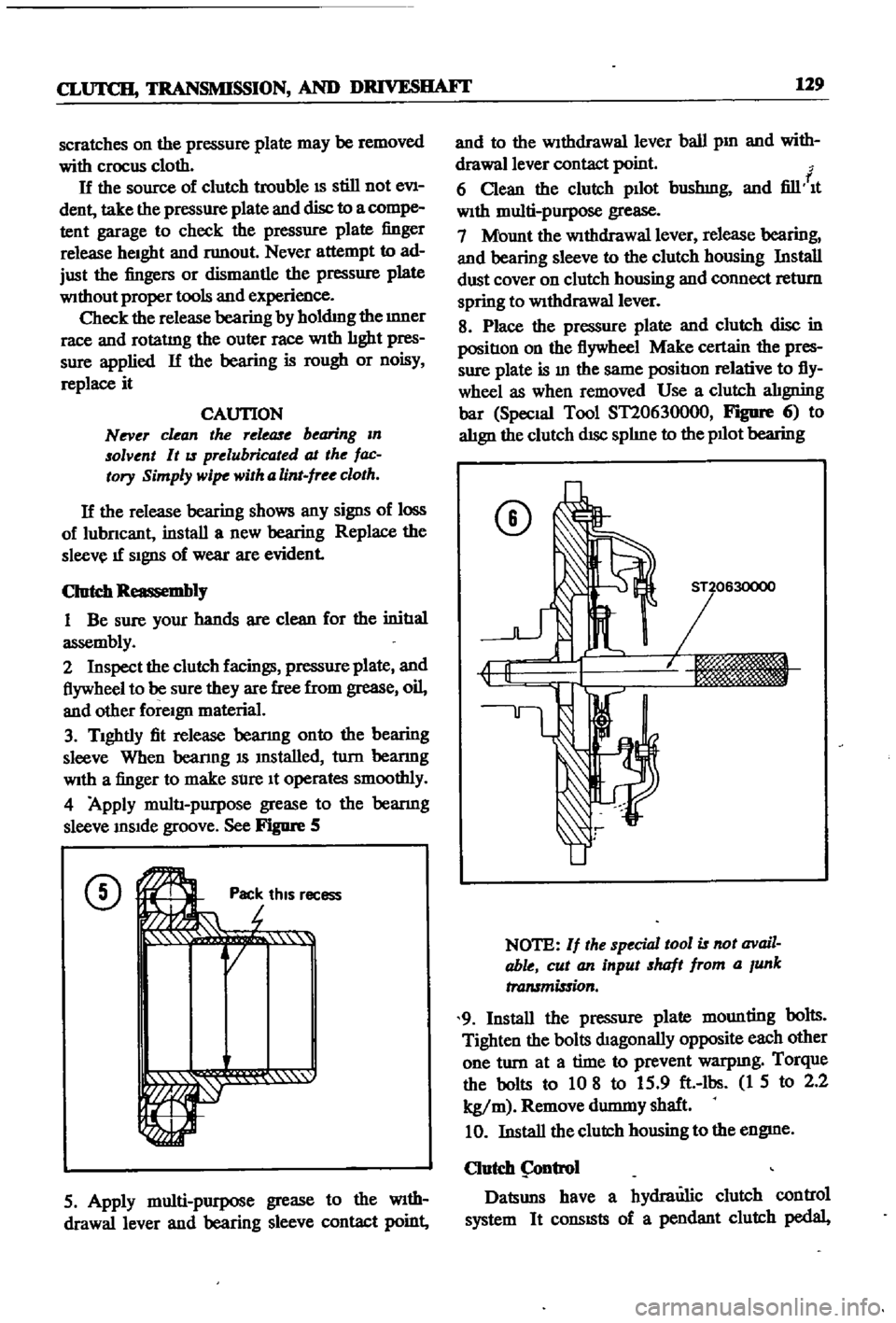 DATSUN 510 1968 Service Repair Manual
CLUTCH
TRANSMISSION
AND
DRIVESHAFI
129
scratches
on
the
pressure
plate
may
be
removed
with
crocus
cloth
If
the
source
of
clutch
trouble
IS
still
not
evl
dent
take
the
pre DATSUN 510 1968 Service Repair Manual
CLUTCH
TRANSMISSION
AND
DRIVESHAFI
129
scratches
on
the
pressure
plate
may
be
removed
with
crocus
cloth
If
the
source
of
clutch
trouble
IS
still
not
evl
dent
take
the
pre