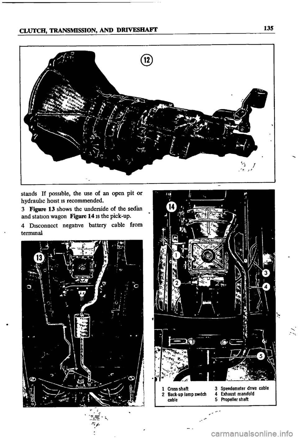 DATSUN 510 1968 Service Repair Manual
CLUTCH
TRANSMISSION
AND
DRIVESIIAFI
135
stands
If
possible
the
use
of
an
open
pit
or
hydraulIc
hOISt
IS
recommended
3
Figure
13
shows
the
underside
of
the
sedan
and
statI DATSUN 510 1968 Service Repair Manual
CLUTCH
TRANSMISSION
AND
DRIVESIIAFI
135
stands
If
possible
the
use
of
an
open
pit
or
hydraulIc
hOISt
IS
recommended
3
Figure
13
shows
the
underside
of
the
sedan
and
statI