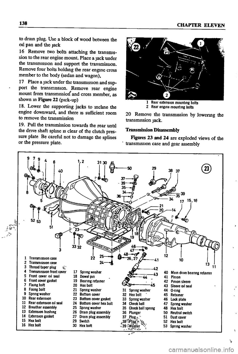 DATSUN 510 1968 Service Repair Manual
138
CHAFfER
ELEVEN
to
dram
plug
Use
a
block
of
wood
between
the
011
pan
and
the
Jack
16
Remove
two
bolts
attaching
the
transmIS
sion
to
the
rear
engine
mount
Place
a
DATSUN 510 1968 Service Repair Manual
138
CHAFfER
ELEVEN
to
dram
plug
Use
a
block
of
wood
between
the
011
pan
and
the
Jack
16
Remove
two
bolts
attaching
the
transmIS
sion
to
the
rear
engine
mount
Place
a
