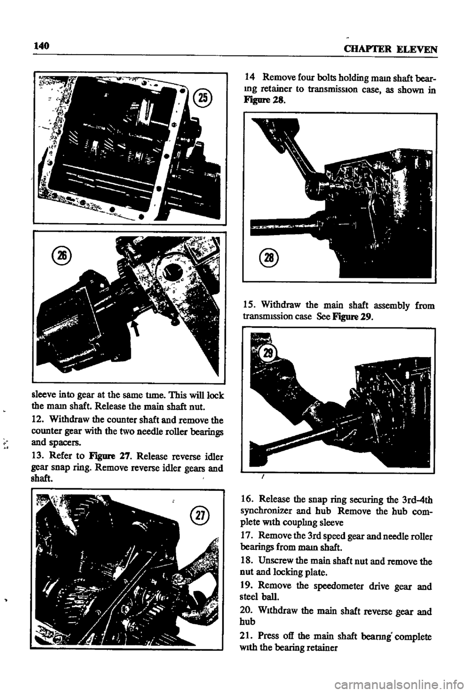 DATSUN 510 1968 Service Repair Manual
140
CHAPTER
ELEVEN
@
sleeve
into
gear
at
the
same
tune
This
will
lock
the
mam
shaft
Release
the
main
shaft
nut
12
Withdraw
the
counter
shaft
and
remove
the
counter
gear DATSUN 510 1968 Service Repair Manual
140
CHAPTER
ELEVEN
@
sleeve
into
gear
at
the
same
tune
This
will
lock
the
mam
shaft
Release
the
main
shaft
nut
12
Withdraw
the
counter
shaft
and
remove
the
counter
gear