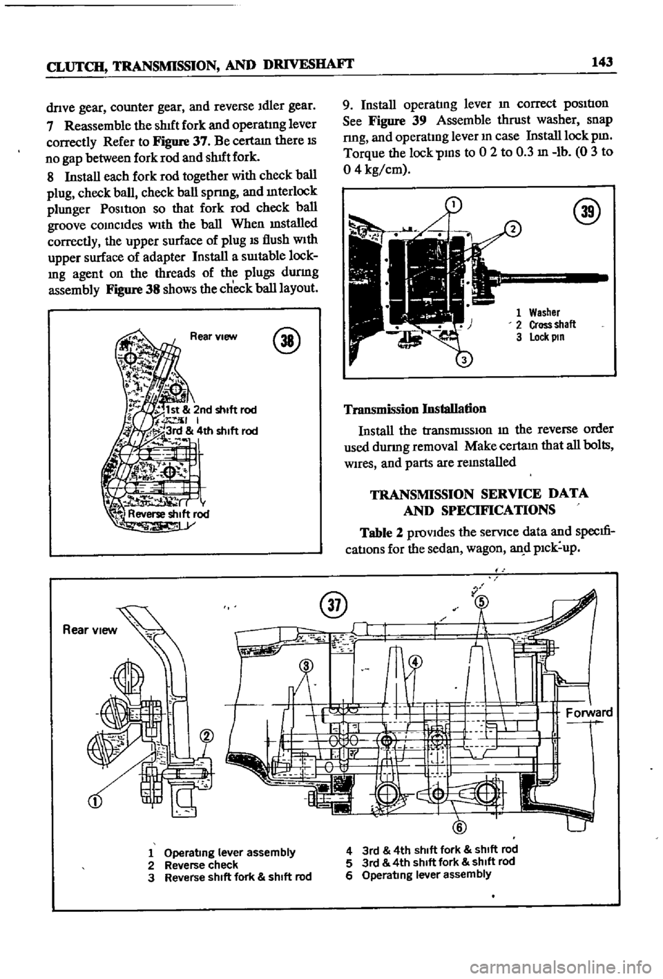 DATSUN 510 1968 Service Repair Manual
CLUTCH
TRANSMISSION
AND
DRlVESHAFI
143
dnve
gear
counter
gear
and
reverse
Idler
gear
7
Reassemble
the
shIft
fork
and
operatIng
lever
correctly
Refer
to
Figure
37
Be
certam DATSUN 510 1968 Service Repair Manual
CLUTCH
TRANSMISSION
AND
DRlVESHAFI
143
dnve
gear
counter
gear
and
reverse
Idler
gear
7
Reassemble
the
shIft
fork
and
operatIng
lever
correctly
Refer
to
Figure
37
Be
certam