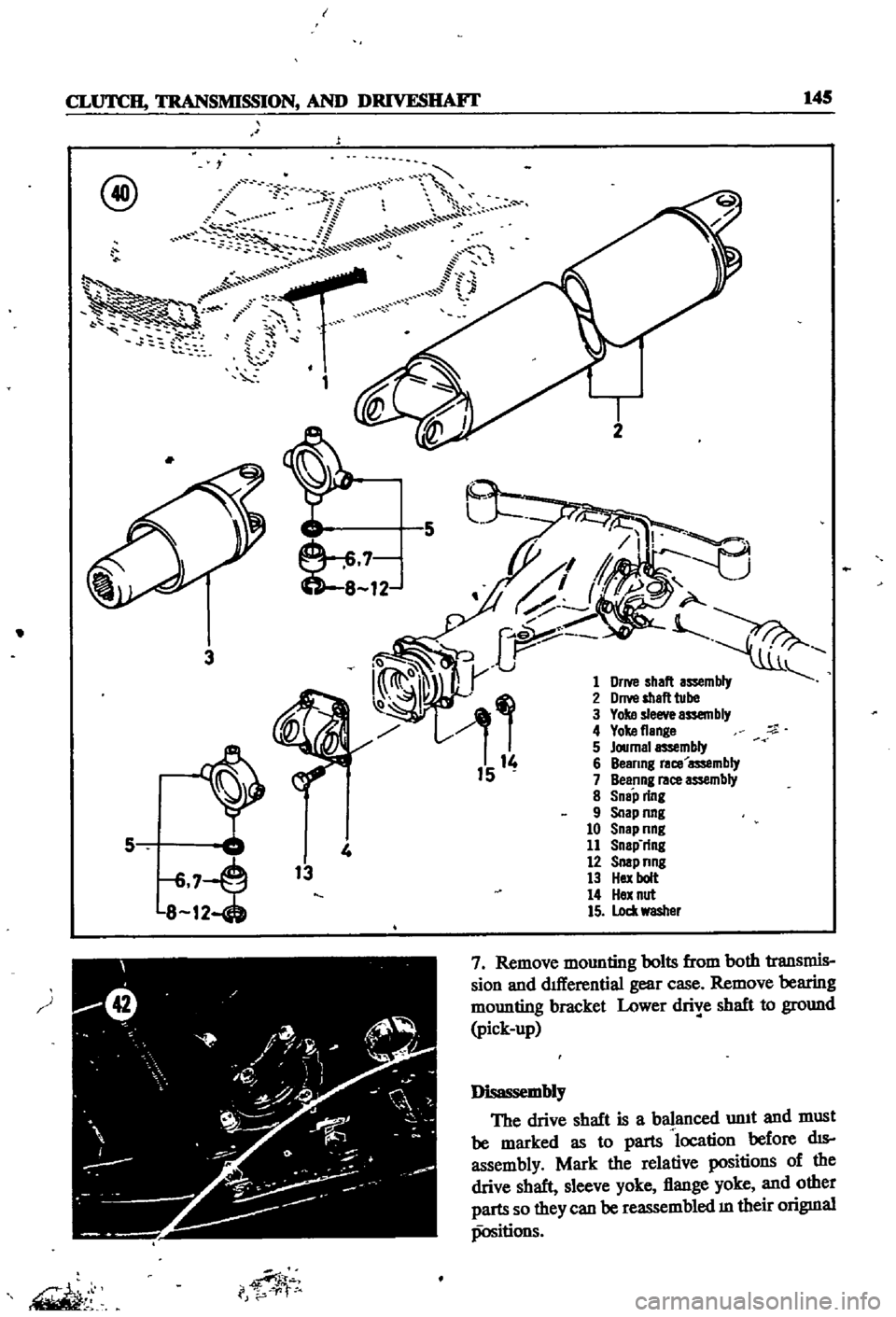 DATSUN 510 1968 Service Repair Manual
CLUTCH
TRANSMISSION
AND
DRIVESIIAFT
145
r
@
l
S
St
P
t
ii
t
1
1
1
0
8
12
3
5
8
12
13
i
f
p
1
2
5
7
Remove
mounting
bolts
from
both
transmis
sion
and
dllIerenti DATSUN 510 1968 Service Repair Manual
CLUTCH
TRANSMISSION
AND
DRIVESIIAFT
145
r
@
l
S
St
P
t
ii
t
1
1
1
0
8
12
3
5
8
12
13
i
f
p
1
2
5
7
Remove
mounting
bolts
from
both
transmis
sion
and
dllIerenti