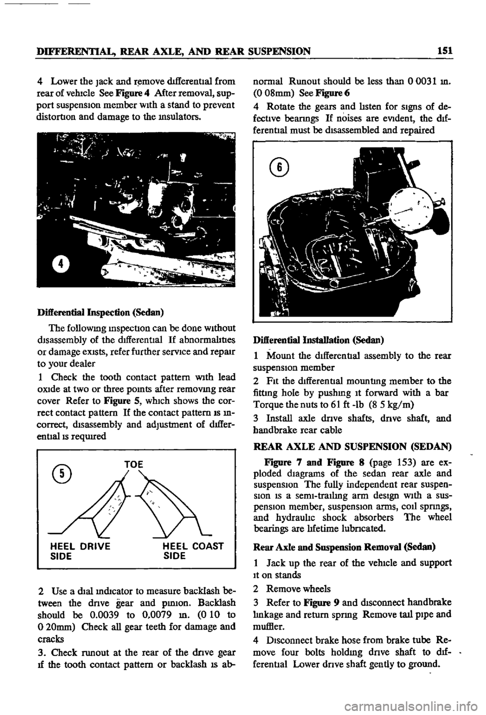 DATSUN 510 1968  Service Repair Manual 
DIFFERENTIAL 
REAR 
AXLE 
AND 
REAR 
SUSPENSION 
151

4 
Lower 
the

Jack 
and

r 
move 
dIfferentIal 
from

rear 
of 
vehIcle 
See

Figure 
4 
After 
removal

sup

port 
suspensIon 
member 
wIth

a 