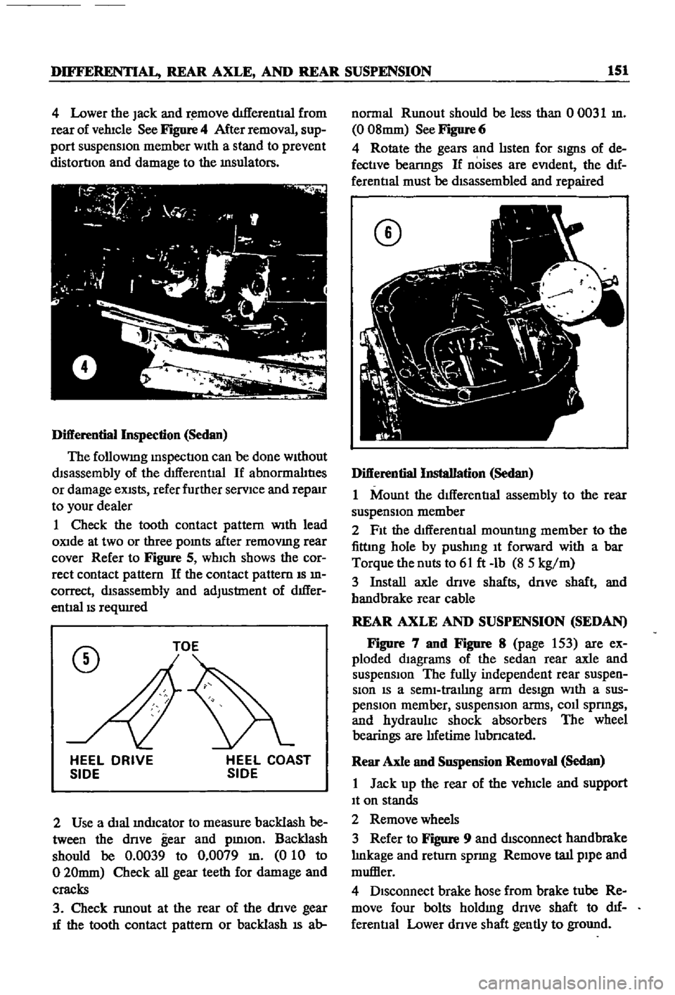 DATSUN 510 1968 Service Repair Manual
DIFFERENTIAL
REAR
AXLE
AND
REAR
SUSPENSION
151
4
Lower
the
Jack
and
r
move
dIfferentIal
from
rear
of
vehIcle
See
Figure
4
After
removal
sup
port
suspensIon
member
wIth
a DATSUN 510 1968 Service Repair Manual
DIFFERENTIAL
REAR
AXLE
AND
REAR
SUSPENSION
151
4
Lower
the
Jack
and
r
move
dIfferentIal
from
rear
of
vehIcle
See
Figure
4
After
removal
sup
port
suspensIon
member
wIth
a