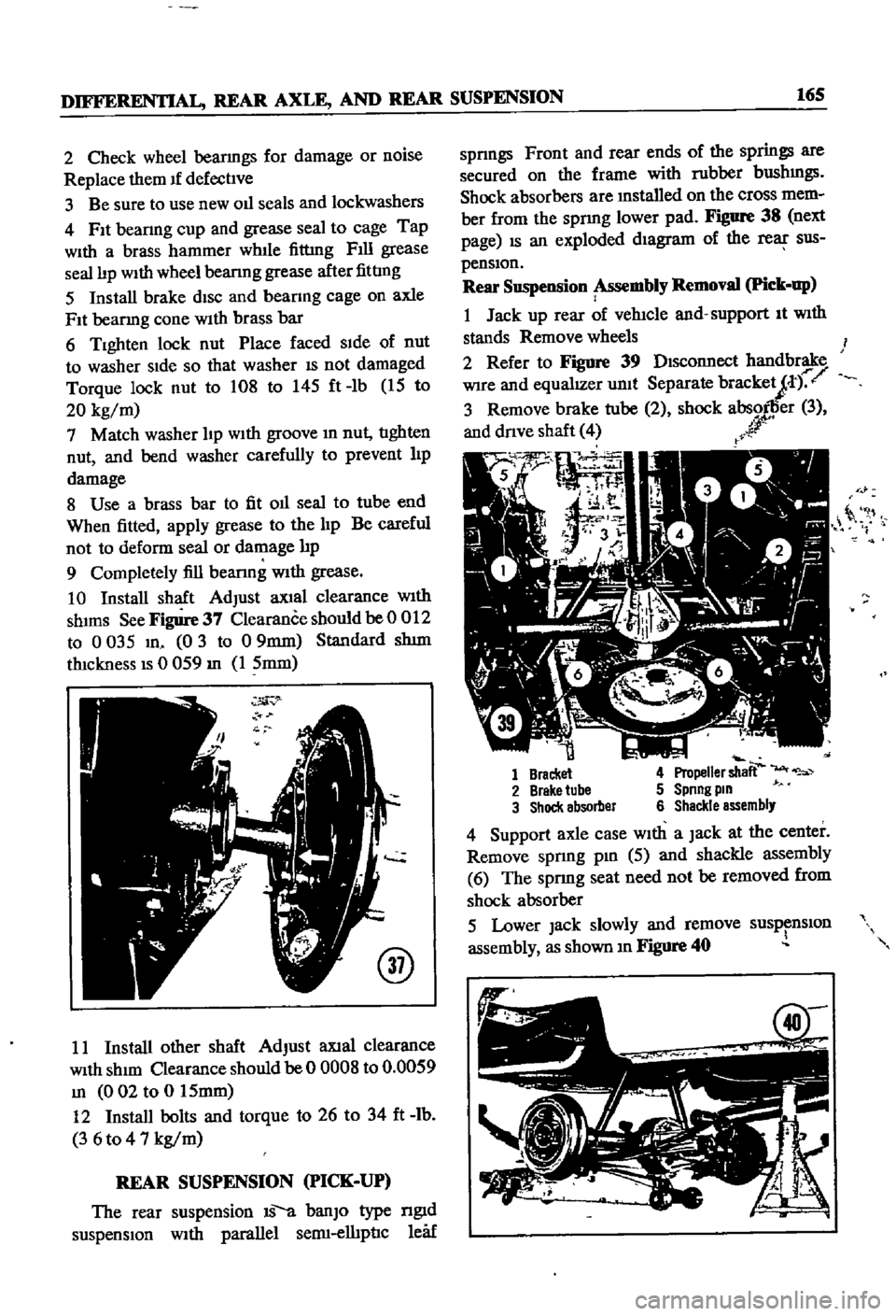DATSUN 510 1968 Service Repair Manual
DIFFERENTIAL
REAR
AXLE
AND
REAR
SUSPENSION
165
2
Check
wheel
bearmgs
for
damage
or
noise
Replace
them
If
defective
3
Be
sure
to
use
new
011
seals
and
lockwashers
4
FIt
DATSUN 510 1968 Service Repair Manual
DIFFERENTIAL
REAR
AXLE
AND
REAR
SUSPENSION
165
2
Check
wheel
bearmgs
for
damage
or
noise
Replace
them
If
defective
3
Be
sure
to
use
new
011
seals
and
lockwashers
4
FIt