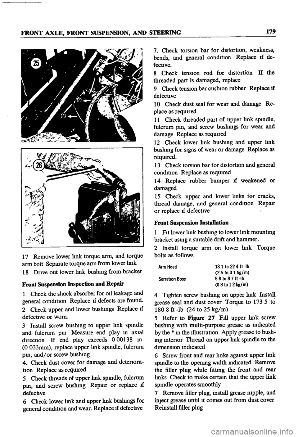 DATSUN 510 1968 Service Repair Manual
FRONT
AXLE
FRONT
SUSPENSION
AND
STEERING
179
17
Remove
lower
lmk
torque
arm
and
torque
arm
bolt
Separate
torque
arm
from
lower
lmk
18
Dnve
out
lower
lmk
bushmg
from
brac DATSUN 510 1968 Service Repair Manual
FRONT
AXLE
FRONT
SUSPENSION
AND
STEERING
179
17
Remove
lower
lmk
torque
arm
and
torque
arm
bolt
Separate
torque
arm
from
lower
lmk
18
Dnve
out
lower
lmk
bushmg
from
brac