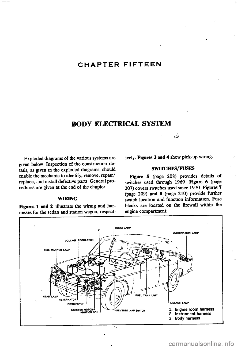 DATSUN 510 1968 Service Repair Manual
CHAPTER
FIFTEEN
BODY
ELECTRICAL
SYSTEM
Exploded
diagrams
of
the
various
systems
are
given
below
Inspection
of
the
constructIon
de
tails
as
given
m
the
exploded
diagrams
shou DATSUN 510 1968 Service Repair Manual
CHAPTER
FIFTEEN
BODY
ELECTRICAL
SYSTEM
Exploded
diagrams
of
the
various
systems
are
given
below
Inspection
of
the
constructIon
de
tails
as
given
m
the
exploded
diagrams
shou