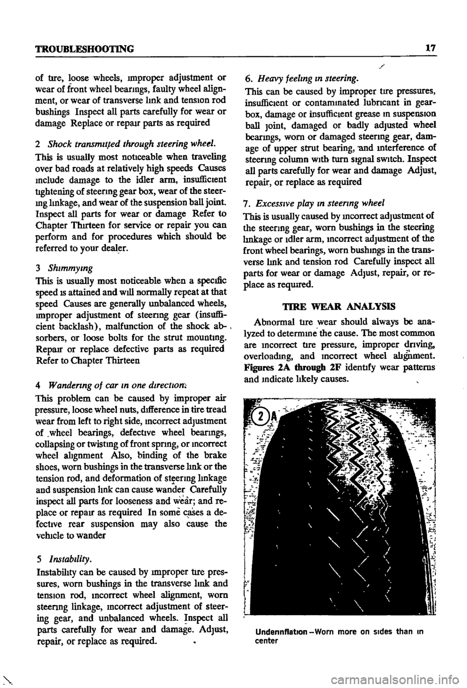 DATSUN 510 1968 Service Repair Manual
TROUBLESHOOTING
17
of
tIre
loose
wheels
unproper
adjustment
or
wear
of
front
wheel
bearIngs
faulty
wheel
align
ment
or
wear
of
transverse
lInk
and
tension
rod
bushings
Insp DATSUN 510 1968 Service Repair Manual
TROUBLESHOOTING
17
of
tIre
loose
wheels
unproper
adjustment
or
wear
of
front
wheel
bearIngs
faulty
wheel
align
ment
or
wear
of
transverse
lInk
and
tension
rod
bushings
Insp