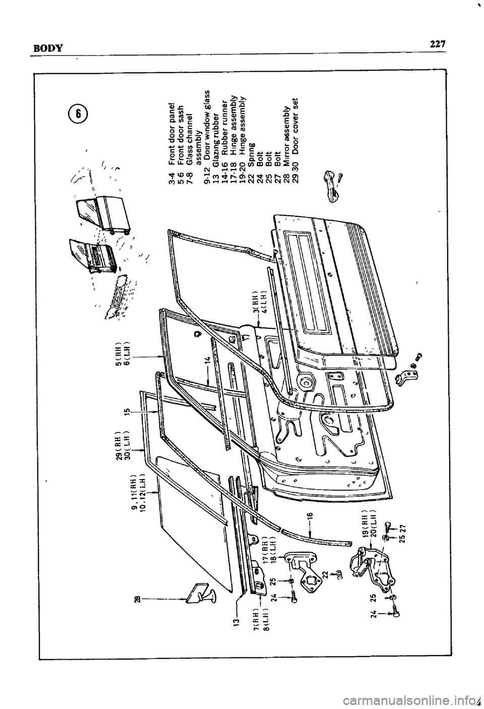 DATSUN 510 1968  Service Repair Manual 
i
V 
j 
v

29
RH

30
LH 
15
S
RH

6 
LH

9

10

13

7
RH

8
LH 
17
RH

1
1 
8
LH

00
1

22

J
e

3
4
Front
door 
panel

5
6
Front
door 
sash

7
8
Glass 
channel

assembly

9
12
Door 
wmdow
glass

13
