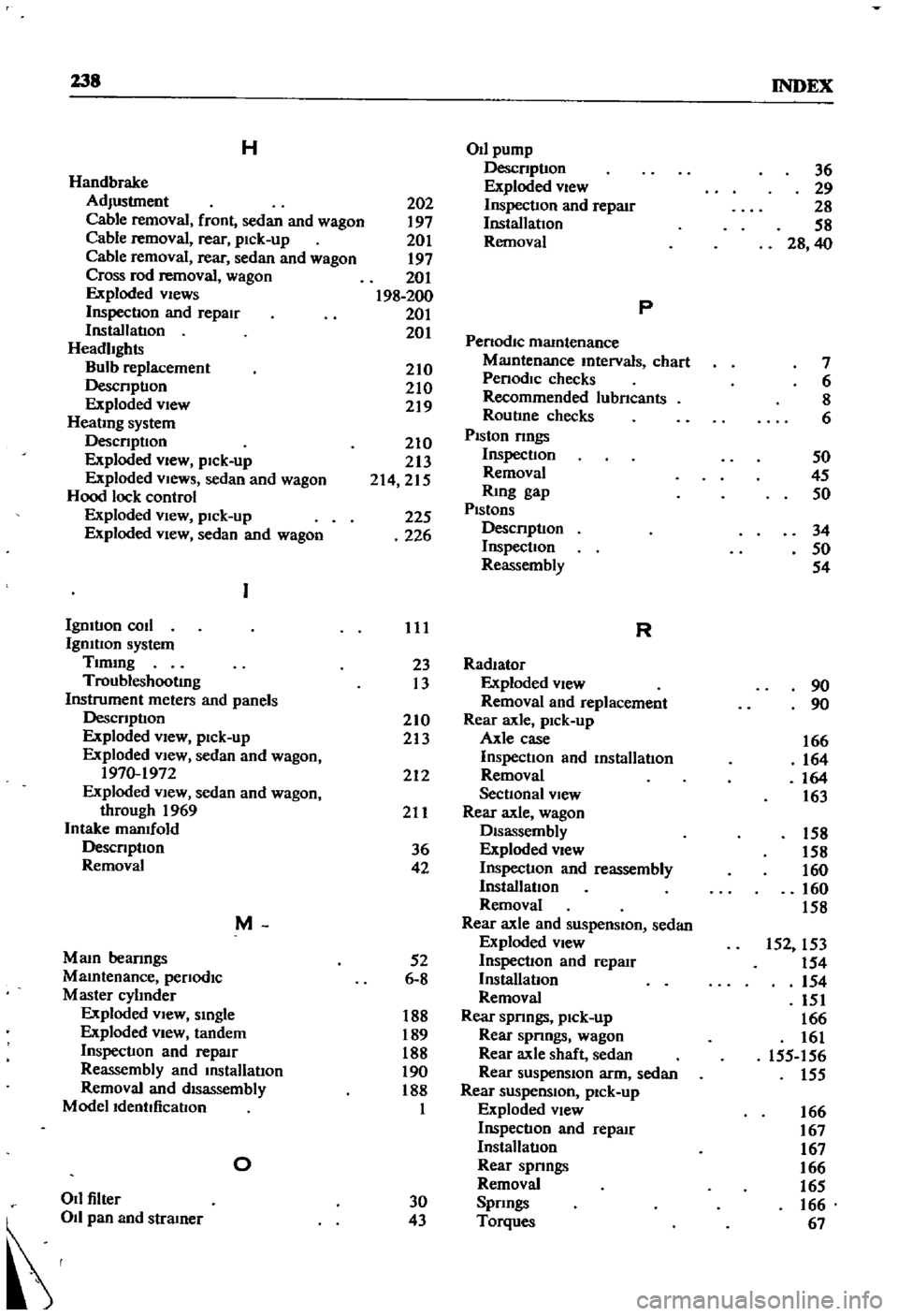 DATSUN 510 1968  Service Repair Manual 
138

INDEX

H 
OIl

pump

Descnptlon 
36

Handbrake

Exploded 
view

29

Adjustment 
202

Inspection 
and

repaIr 
28

Cable 
removal

front 
sedan 
and

wagon 
197

Installation

58

Cable 
removal 